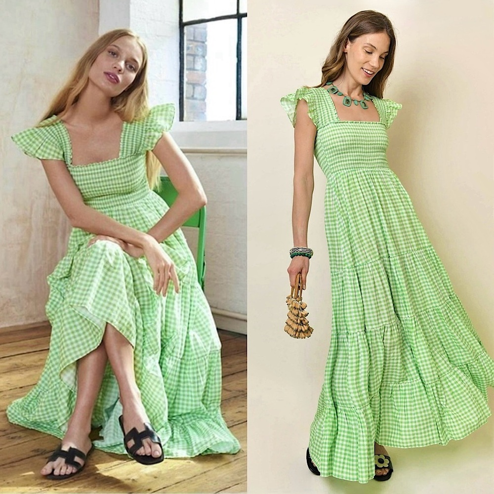 NWT RIXO Gingham Plaid Smocked Bodice Flutter Sleeve Tiered Ruffle Maxi Dress 14